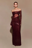 Nash Diamante Off Shoulder Maxi Dress Mahogany