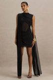 Riad Black Chiffon Mini Dress With Sheer Bodice Two Sleeve Cape