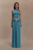 Erina Slinky Ruched Maxi Skirt With Hardware Teal