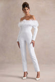 Ales White Bardot Tailored Straight Leg Jumpsuit With Feather Trim