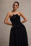 Hepburn Black Velvet Bandeau Midi Dress With Bow