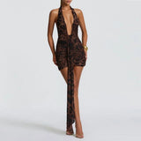 Women Deep V Neck Ruched Mini Dresses Backless Halter Dress Party Club Night