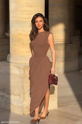 Nola Shirred Asymmetric Midi Dress Mocha