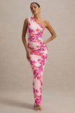 Dalarie Pink and Orange Floral Print One Shoulder Gathered Maxi Dress