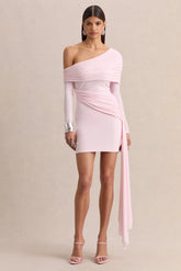 Savita Light Pink Ruched Asymmetric Mini Dress With Drape