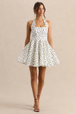 Peggy White Black Polka Dot Halter Neck Skater Mini Dress