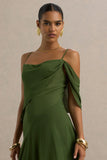 Tiara Green Asymmetric Midi Dress With Draping Detailing and Open Back