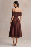 Dearest Brown Bardot Neck Midi Dress