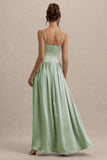 Jonas Light Green Plunge Neck Maxi Dress With Cami Straps