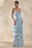Avelisse Blue Lace Plunge Neck Maxi Dress With Ruffled Detailing