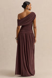 Emberly Brown Draped Asymmetric Neck Maxi Dress With Drop Waist
