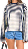 Women Striped Long Sleeve Shirt Crewneck Cropped Pullover Top Fall Winter Vintage Sweatshirt Streetwear