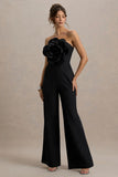 Opia Black Bandeau Wide Leg Jumpsuit With Large Floral Corsage