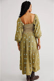 Women Floral Embroidered Maxi Dress Long Puff Sleeve Square Neck Bohemian Flowy Dress with Pockets Summer Fall