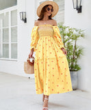 Women Floral Embroidered Maxi Dress Long Puff Sleeve Square Neck Bohemian Flowy Dress with Pockets Summer Fall