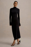 Cassandra Black High Neck Long Sleeve Midi Dress