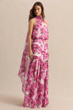 Veronique Pink Hibiscus Floral Halter Neck Maxi Dress