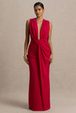Serafina Red Extreme Plunge Maxi Dress With Ruched Detailing And Open Back