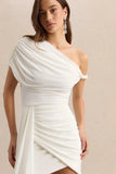 Dalina White Asymmetric Neck Mini Dress With Sash Detail