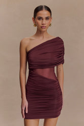 Dallas One Shoulder Mesh Mini Dress Mahogany