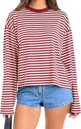 Women Striped Long Sleeve Shirt Crewneck Cropped Pullover Top Fall Winter Vintage Sweatshirt Streetwear