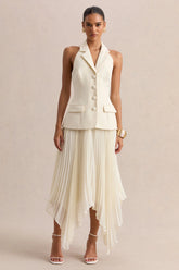 Marvelle Cream Plunge Neck Maxi Dress With Hanky Hem