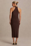 Mireille Brown Halter Neck Maternity Midi Dress