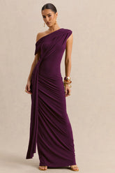 Avialee Dark Plum Asymmetric Neck Maxi Dress With Gathered Detailing And Sash