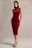 Nivina Red Velvet High Neck Midi Dress With Cap Sleeves
