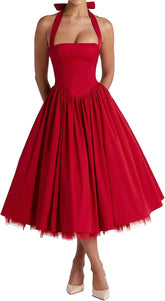 Women Halter Midi Dress Corset Back Layered Tulle Skirt A Line Formal Dresses Wedding Guest Bridal Shower