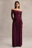 Luminary Dark Plum Bardot Neck Maxi Dress With Mesh Sleeves