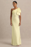 Valerie Lemon Satin Asymmetric Neck Maxi Dress With Bow Detail