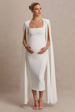 Flawless White Square Neck Maternity Midi Dress With Cape Sleeves