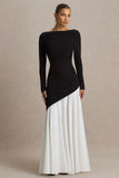 Caty Black And White Long Sleeved Maxi Dress With Asymmetric Drop Waist