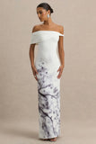 Sachi White Print Twisted Bardot Maxi Dress