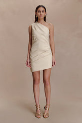 Helena One Shoulder Linen Mini Dress Natural Beige