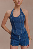 Meadow Denim Corset Halter Top Dark Blue