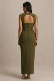 Sandra Olive Square Neck Tailored Maxi Dress With Front High Split