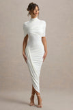 Enchant White Asymmetric Twisted Cape Midi Dress