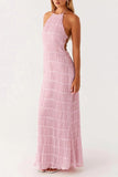 Women Backless Dress Sleeveless Textured Halter Open Back Maxi Dresses Vacation Wedding Guest