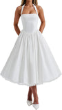 Women Halter Midi Dress Corset Back Layered Tulle Skirt A Line Formal Dresses Wedding Guest Bridal Shower