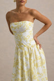 Bluebell Lemon Porcelain Print Poplin Bandeau Drop Waist Midi Dress
