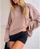 Women Striped Long Sleeve Shirt Crewneck Cropped Pullover Top Fall Winter Vintage Sweatshirt Streetwear