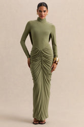 Harmona Olive High Neck Maxi Dress With Gathered And Draped Detailing