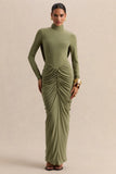 Harmona Olive High Neck Maxi Dress With Gathered And Draped Detailing
