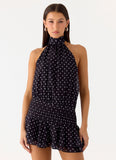 Willow Chiffon Mini Dress Black Polkadot