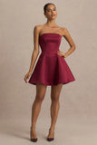 Lioray Burgundy Satin Bandeau Neck A Line Mini Dress
