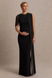 Amelise Black High Neck Maternity Maxi Dress With Mesh Cape Sleeve And Sash Detail