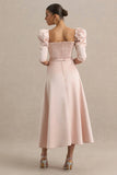 Rosey Pale Pink Satin Sweetheart Midi Dress