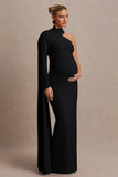 Tessy Black Asymmetric Neck Maternity Maxi Dress With Cape Sleeve
